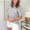 Women's Beige Leopard Round Neck T-Shirt with Lace Trim and Petal Sleeves - Image 5