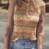 Women's Brown Stripe Eyelet Crochet Sleeveless Round Neck Sweater Vest - Image 5