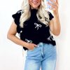 Women's Black Bow Print Scalloped Hem Short Sleeve Sweater T-Shirt - Image 3