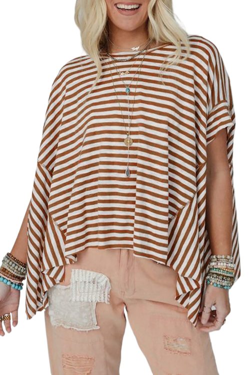 Women's Khaki Stripe Batwing Sleeve Oversized Crewneck Top for Casual Wear