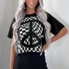 Women's Black Checkerboard Peace Sign Printed Round Neck T-Shirt - Image 10