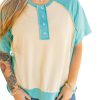 Plus Size Mint Green Color Block Raglan Sleeve Buttoned T-Shirt for Women - Image 19