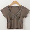 Women's Dark Brown Lace Splicing Criss Cross Slim Fit V Neck T-Shirt - Image 8