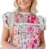 Women's Pink Floral Print Blouse with Contrast Ruffle Trim and Flutter Sleeves - Image 15