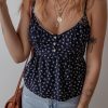 Women's Blue Floral Print Spaghetti Strap V Neck Tank Top with Button Detailing - Image 5