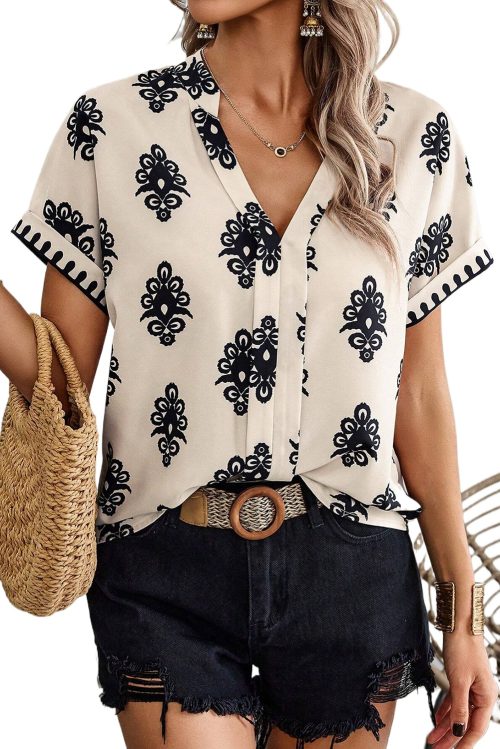 Women's Black Geometric Print Short Sleeve V Neck Blouse - Trendy Bohemian Style