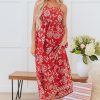 Women's Red Floral Printed Spaghetti Strap Empire Waist Maxi Dress - Bohemian Style for Summer - Image 3