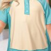 Plus Size Mint Green Color Block Raglan Sleeve Buttoned T-Shirt for Women - Image 9