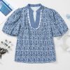 Women's Blue Floral Striped Print Top with Contrast Ric-Rac Puff Sleeves - Image 3