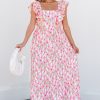 Women's Pink Floral Print Square Neck Ruffled Strap Maxi Dress for Summer - Image 6