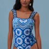 Women's Blue Tile Pattern Ricrac Wide Straps Sheath One Piece Swimsuit - Image 10