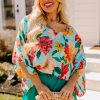 Plus Size Women's Sky Blue Floral Print V Neck Batwing Sleeve Blouse - Image 4