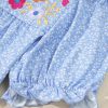 Women's Sky Blue Floral Embroidered Puff Sleeve Notched V Neck Blouse - Image 13