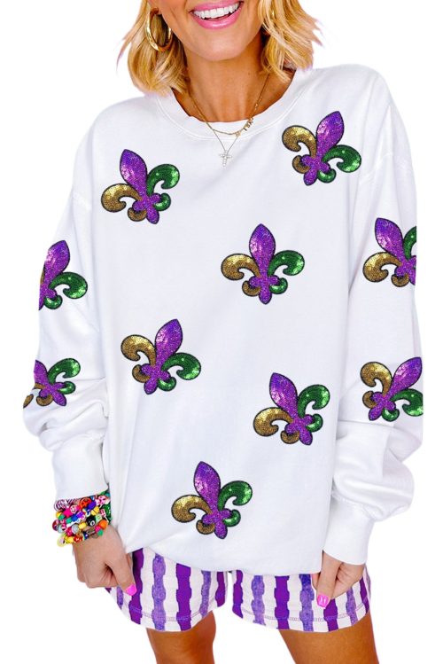 Women's White Fleur De Lis Sequin Patched Graphic Drop Shoulder Sweatshirt