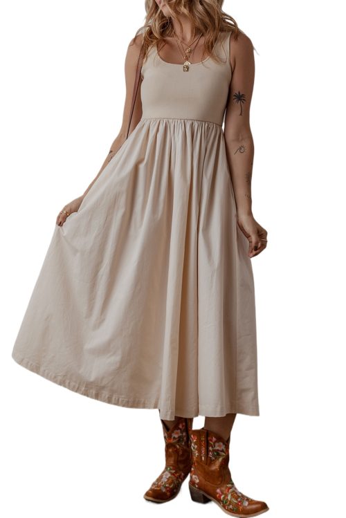 Women's Elegant Beige Scoop Neck Ribbed Bodice Pleated Sleeveless Maxi Dress