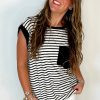 Women's Casual Black Stripe Round Neck Tank Top with Chest Pocket - Image 14