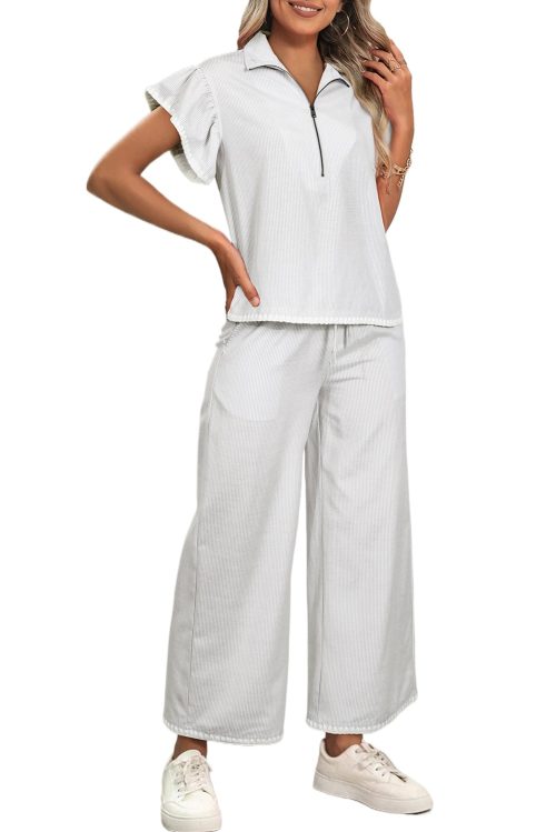 Women's Gray Stripe Zipped Collar Ruffled Sleeve Tee & Wide Leg Pants 2-Piece Outfit