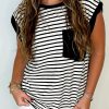 Women's Casual Black Stripe Round Neck Tank Top with Chest Pocket - Image 10