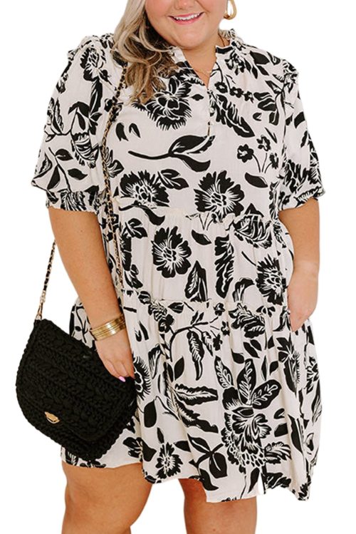 Plus Size Black Floral Print Tiered Frilled Half Sleeve Mini Dress