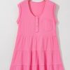 Bright Pink Waffle Textured Button Round Neck A-Line Tiered Sleeveless Dress for Women - Image 11