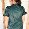 Chic Sea Green Notched V Neck Short Puff Sleeve PU Leather Blouse - Image 2