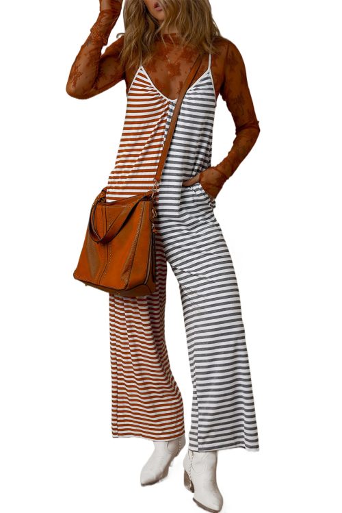 Women's Yellow Stripe Two Tone Contrast Spaghetti Strap Backless Jumpsuit