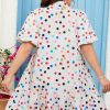 Plus Size White Polka Dot Print Bubble Sleeve Button Up Shirt Dress for Women - Image 2