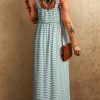 Women's Green Stripe Shirred Frilled High Waist Sleeveless Maxi Dress - Image 2