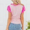 Women's Pink Stripe Ruffled V Neck Cap Puff Sleeve Top for Everyday Elegance - Image 2