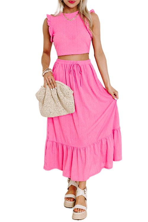 Women's Bonbon Textured Ruffle Trim Crop Vest & Lace-Up Long Skirt Set