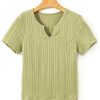 Women's Spinach Green Textured Knit Slim Fit Notch V Neck T-Shirt - Elegant Casual Style - Image 7