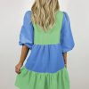 Women's Dark Blue Colorblock Frilled V Neck Puff Half Sleeve Shift Dress - Image 2