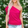 Women's Strawberry Pink Asymmetric Shoulder Ruffle Sleeve Elegant Blouse - Image 3