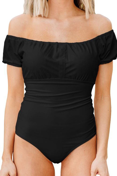 Women's Black Elastic Neckline Short Sleeve One Piece Swimsuit - Stylish Beachwear