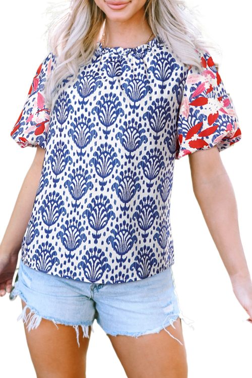 Women's Blue Floral Print Puff Sleeve Blouse with Frilled Neck - Western Fashion