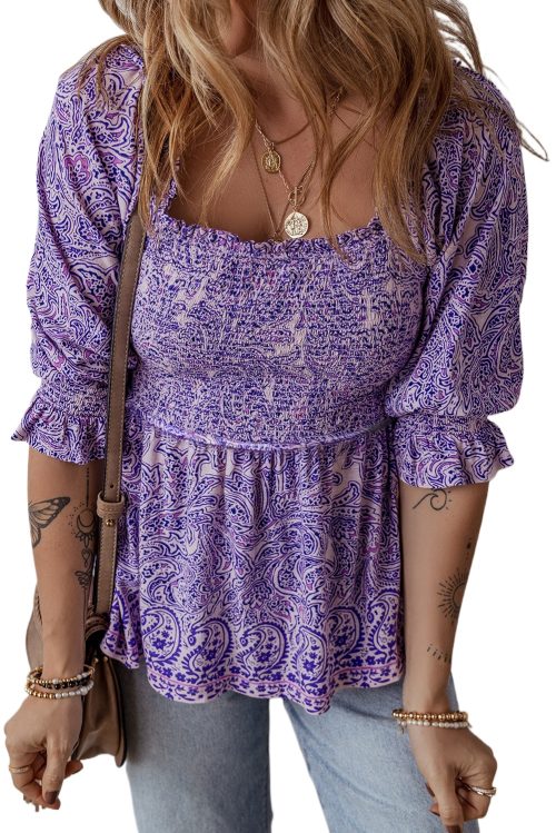 Women's Purple Boho Paisley Print Half Sleeve Shirred Peplum Blouse