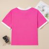 Plus Size Women's Pink Contrast Trim Collared Split Neck Short Sleeve Top - Image 6