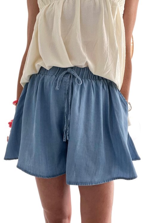 Women's Dusk Blue Drawstring Elastic Waist Wide Leg Denim Shorts