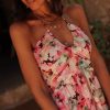 Women's Pink Floral Sleeveless Halter Neck Ruffled Mini Dress with Shirred Back - Image 7