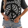 Women's Black Checkerboard Peace Sign Printed Round Neck T-Shirt - Image 20