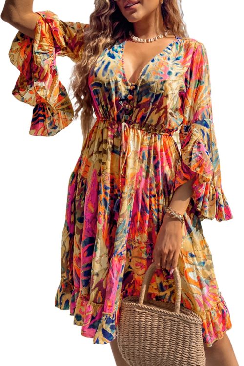 Women's Pink Floral Print Flared Sleeve Ruffled Hem Tunic Dress - Elegant V Neck High Waist Bohemian Style