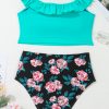 Women's Sea Green Solid Ruffled Square Neck Swim Top with Floral Shorts Bikini Set - Image 13