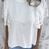 Women's White Hollow Out Embroidered Short Sleeve O Neck Top - Elegant Summer Blouse - Image 5