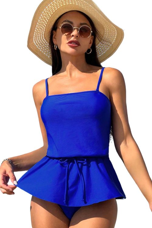 Women's Dark Blue Bow Peplum Waist Tankini Set with Adjustable Spaghetti Straps