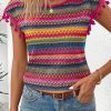 Women's Rose Red Jacquard Textured Tasseled Cap Sleeve Top - Bohemian Style - Image 4