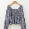 Women's Blue Boho Floral Print Smocked Square Neck Long Sleeve Blouse - Image 6