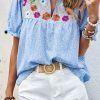 Women's Sky Blue Floral Embroidered Puff Sleeve Notched V Neck Blouse - Image 6