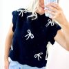 Women's Black Bow Print Scalloped Hem Short Sleeve Sweater T-Shirt - Image 6