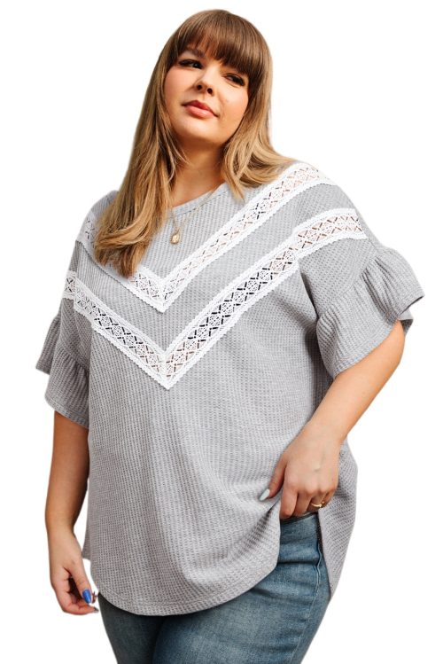 Plus Size Light Grey Lace Insert Waffle Ruffle Short Sleeve Top for Women