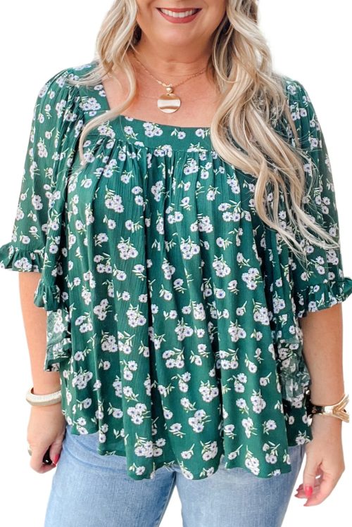 Plus Size Green Floral Print Square Neck Blouse with Ruffled Trim